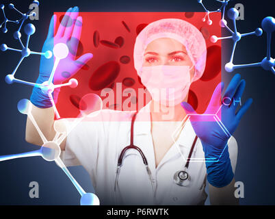 Doctor woman controls molecules in virtual space. 3d rendering. Stock Photo