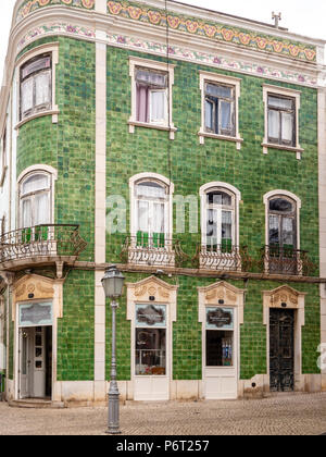 The building on Luis de Camoes Square is decorated with typical Portuguese tiles. Lagos, Algarve, Portugal Stock Photo
