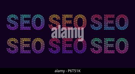 Search Engine Optimization. Vector illustration of SEO inscription consisting of lines and knots. Turquoise-violet and yellow-pink, red-blue and purpl Stock Vector