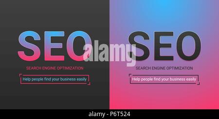 Banner of Search Engine Optimization. Vector illustration of SEO inscription. Color palette contains black color, red-blue gradient Stock Vector
