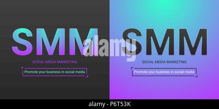 Banner of Social Media Marketing. Vector illustration of SMM inscription. Color palette contains black color, turquoise-violet gradient Stock Vector