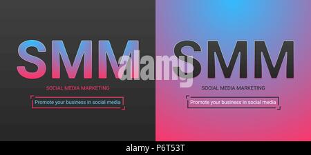 Banner of Social Media Marketing. Vector illustration of SMM inscription. Color palette contains black color, red-blue gradient Stock Vector