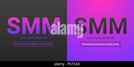 Banner of Social Media Marketing. Vector illustration of SMM inscription. Color palette contains black color, purple-violet gradient Stock Vector