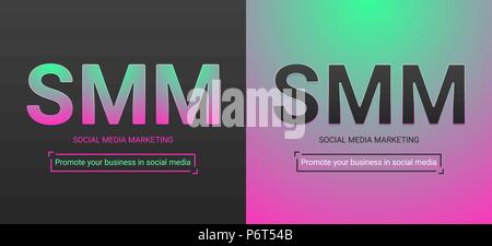 Banner of Social Media Marketing. Vector illustration of SMM inscription. Color palette contains black color, green-pink gradient Stock Vector
