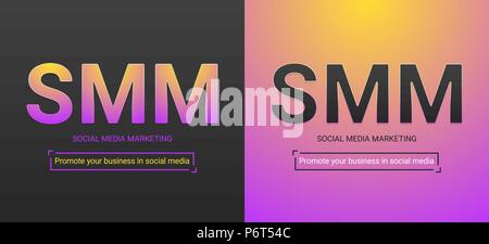 Banner of Social Media Marketing. Vector illustration of SMM inscription. Color palette contains black color, yellow-violet gradient Stock Vector