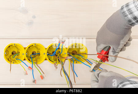 hands of electrician installing electrical socket with screwdriver in the wall Stock Photo