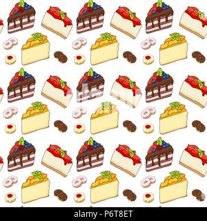 Colored Seamless Pattern with Cakes and Pastries. Background with Sweets in Hand Drawn Doodle Style. Vector Illustration Stock Vector