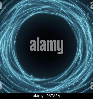 Abstract blue ring of swirling neon lines on a black background. Fantastic circle. Chaotic luminous lines. Blue flash and flying lights. Vector illust Stock Vector