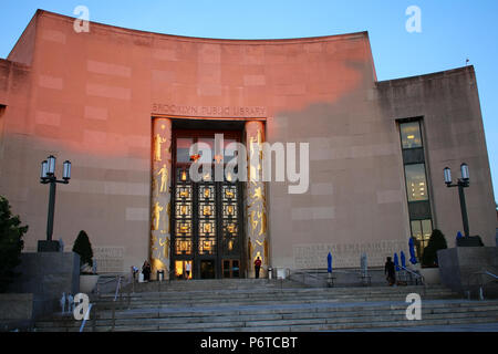 NEW YORK, NY - JUNE 14: Brooklyn Public Library bathed in red sundown light on summer evening, Brooklyn on JUNE 14th, 2017 in New York, USA. (Photo by Stock Photo