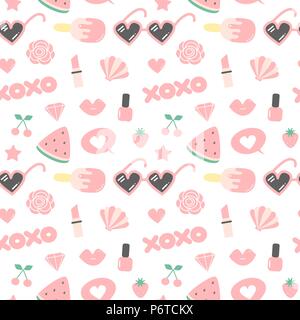 cute cartoon fashion girl patches seamless vector pattern background illustation Stock Vector