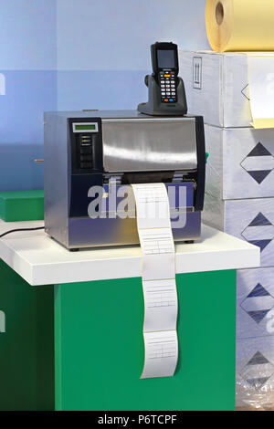 Barcode printer and scanner in distribution warehouse Stock Photo