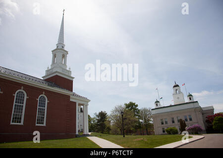 June 3, 2018- Wolfville, Nova Scotia: The Manning Memorial Chapel and landmark University Hall building on Acadia University's campus Stock Photo