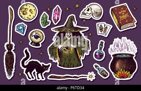Vintage Halloween elements stickers. Magic ball, witch with book of spells, cursed black cat, hag or hex, potion and cauldron, skull and fortune-telling cards. Hand drawn engraved sketch. Stock Vector