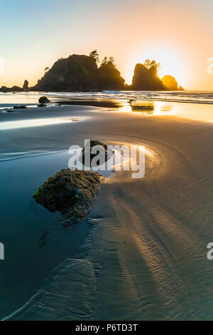 Point of Arches rocks at sunset, viewed from Shi Shi Beach along the Pacific Ocean in Olympic National Park, Washington State, USA Stock Photo