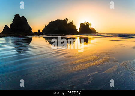 Point of Arches rocks at sunset, viewed from Shi Shi Beach along the Pacific Ocean in Olympic National Park, Washington State, USA Stock Photo