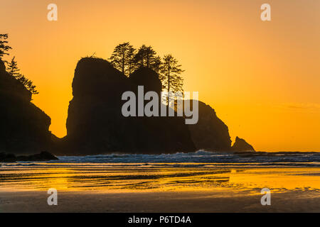 Point of Arches rocks at sunset, viewed from Shi Shi Beach along the Pacific Ocean in Olympic National Park, Washington State, USA Stock Photo