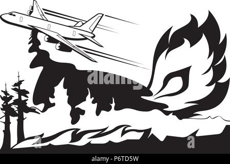 Firefighting aircraft extinguishes forest fire - vector illustration Stock Vector