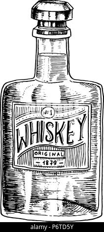 Vintage Whiskey bottle with label. American badge. Alcoholic Label with calligraphic elements. Hand drawn engraved sketch lettering for t-shirt. Classic frame for bottle poster banner. Stock Vector