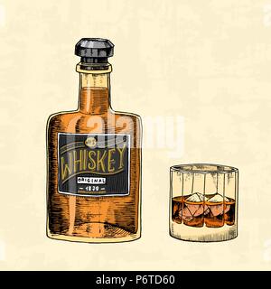 Vintage Whiskey bottle with label and a glass. American badge. Alcoholic Label with calligraphic elements. Hand drawn engraved sketch lettering for t-shirt. Classic frame for bottle poster banner. Stock Vector