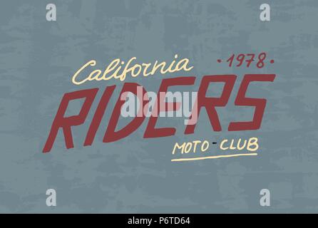 Rider or biker club template. Vintage custom emblem, label badge for t shirt. Monochrome retro style. Classic sport motorbike with racing gasoline. Hand drawn engraved sketch Stock Vector