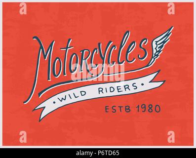 Rider or biker club template. Vintage custom emblem, label badge for t shirt. Monochrome retro style. Classic sport motorbike with racing gasoline. Hand drawn engraved sketch Stock Vector