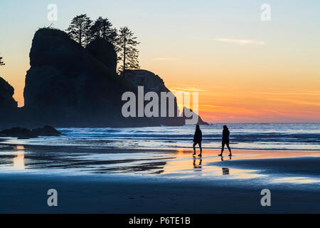 Hikers and Point of Arches rocks at sunset, viewed from Shi Shi Beach along the Pacific Ocean in Olympic National Park, Washington State, USA Stock Photo