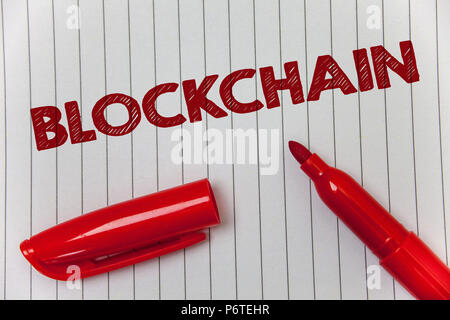 Text sign showing Blockchain. Conceptual photo Register Log Financial Statement Digital Data Technology Record Ideas message notebook paper open marke Stock Photo