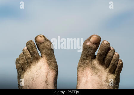 Lee Rentz's sandy and wet toes on Shi Shi Beach along the Pacific Ocean in Olympic National Park, Washington State, USA Stock Photo