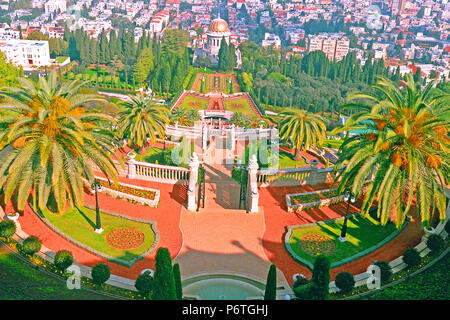 View from the upper terrace of the Carmel Mountain to the Bahai Gardens and the Baha'i Temple  and Haifa City in Israel. Stock Photo