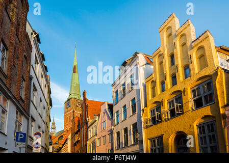 LÃ¼beck, Baltic coast, Schleswig-Holstein, Germany. Sankt Jakobi Church and the typical architecture with crow-stepped gables. Stock Photo