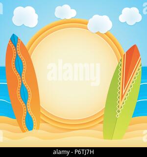Summer cartoon with orange slice as circle frame on beach scene with sand, sea, clouds and colorful bright surfboards. Holiday vector illustration. De Stock Vector