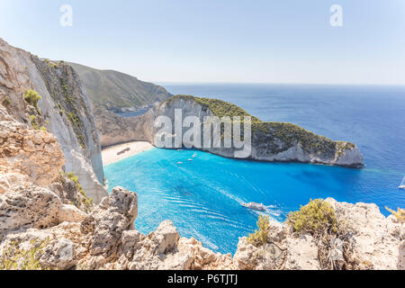 Elevated view of famous shipwreck beach. Zakynthos, Greek Islands, Greece Stock Photo