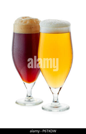 Two glasses of pale amber and dark beer Stock Photo