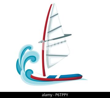Cartoon sailing board on water. Equipment for windsurfing. Sailboard vector illustration isolated on white background. Stock Vector