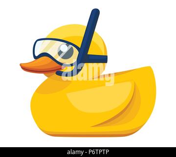 Yellow rubber duck. Cartoon cute ducky for bath. Duckling with diving mask and snorkel. Flat vector illustration isolated on white background. Stock Vector