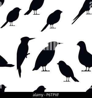 Seamless pattern. Bird black silhouette. Pigeon, Sparrow, Titmouse, Swallow, Woodpecker, Starling, Bullfinch. Flat birds icon. Vector illustration on  Stock Vector
