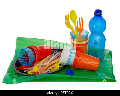 Single use, disposable plastic including cutlery, evironmental problem, EU directive. Isolated on white. Stock Photo