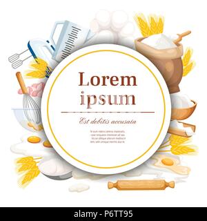 Baking ingredients and kitchen tools. Flat utensils collection. Round card design. Concept for card and advertising. White circle with place for your  Stock Vector