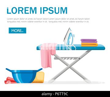 Laundry room concept. Blue ironing board, white iron, pile of towels and plastic basin with rags. Flat cartoon illustration on white background. Conce Stock Vector