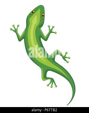 Cartoon gecko character. Small green lizard. Gecko logo design, flat icon. Vector illustration isolated on white background. Stock Vector