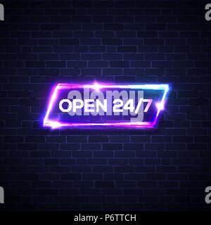 Open sign 24 7 hours. Neon light rectangle round the clock store frame on brick texture wall background. Opening neon signage 24 Hours. Square techno night club banner 3d realistic vector illustration Stock Vector