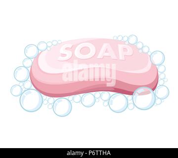 Pink soap bar. Soap bubbles. Colorful bath icon. Flat vector illustration isolated on white background. Stock Vector
