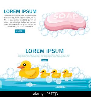 Pink soap bar with yellow rubber duck.. Soap bubbles. Colorful bath icon. Flat vector illustration on white and bubbles texture background. Concept de Stock Vector