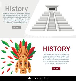 Aztec pyramid icon. Kukulkan Pyramid with ethnic tribal mask. Old stone temple. Mexican and Maya culture. Vector illustration on white background. His Stock Vector