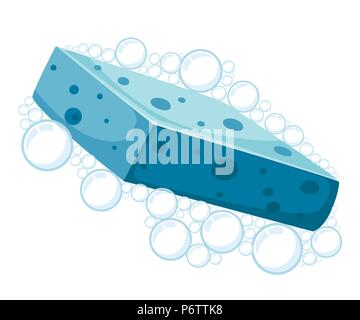 Blue shower sponge. Foam bubbles. Colorful bath icon. Flat vector illustration isolated on white background. Stock Vector