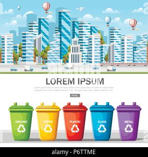 Many garbage cans with sorted garbage. Sorting garbage. Ecology and recycle concept. Clean modern city. Eco concept design for website or advertising. Stock Vector