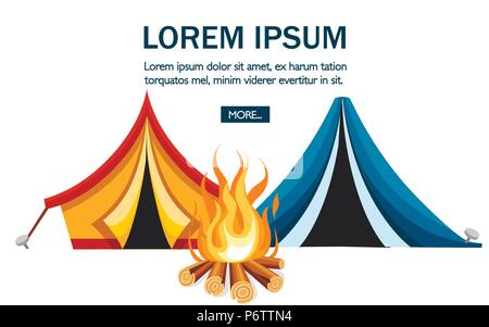 Cartoon tent and bonfire. Blue and orange tent. Sport tourism nature. Flat vector illustration on white background. Camping concept design for website Stock Vector