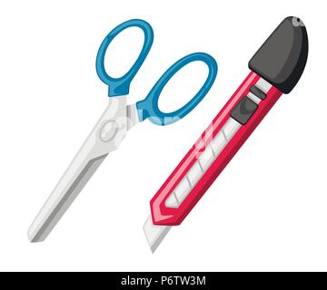 Red stationery knife and blue scissors. Flat style design. Office tools. Vector illustration isolated on white background. Stock Vector