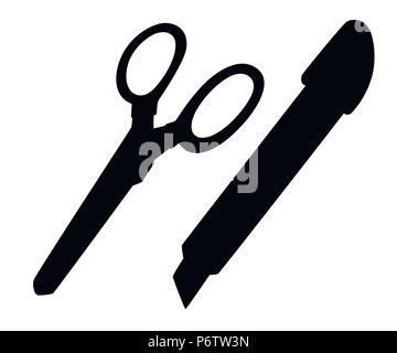 Black silhouette. Stationery knife and scissors. Flat style design. Office tools. Vector illustration isolated on white background. Stock Vector