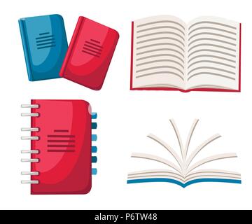 Set of notebooks. Spiral and normal notebook. Flat office icon. Closed and opened notebooks. Flat vector illustration isolated on white background. Stock Vector